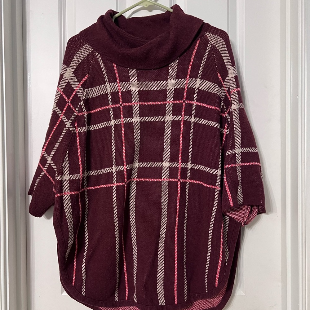 LOFT Burgundy and Pink Cowl Neck Poncho with Plaid Design